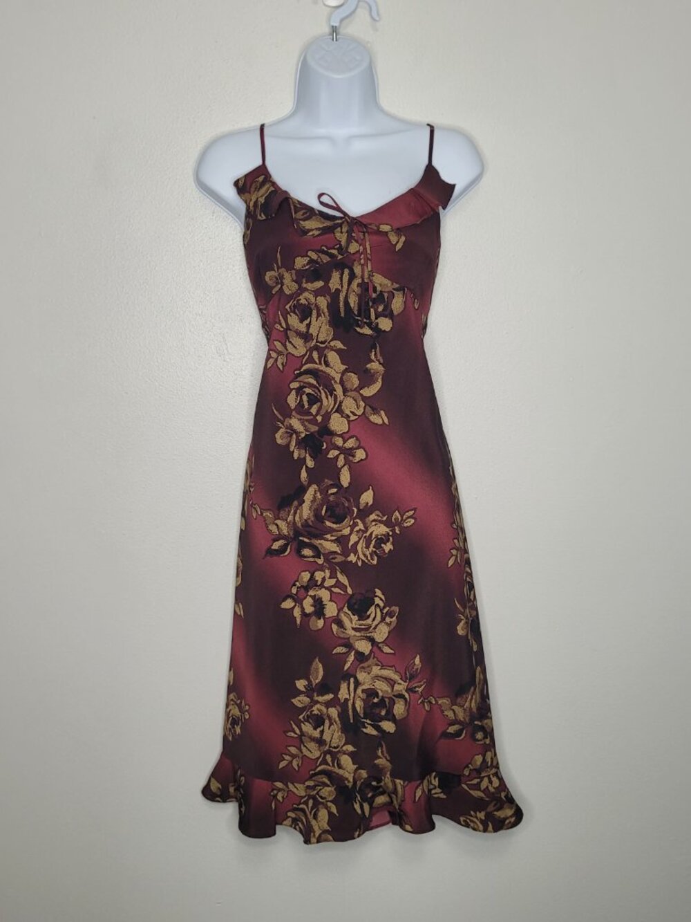 Vintage 90s Fashion Bug red brown floral ruffle midi homecoming dress